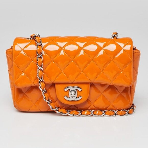 Chanel Orange Quilted Patent Leather Classic Rectangular Mini Flap Bag - Picture 5 of 11